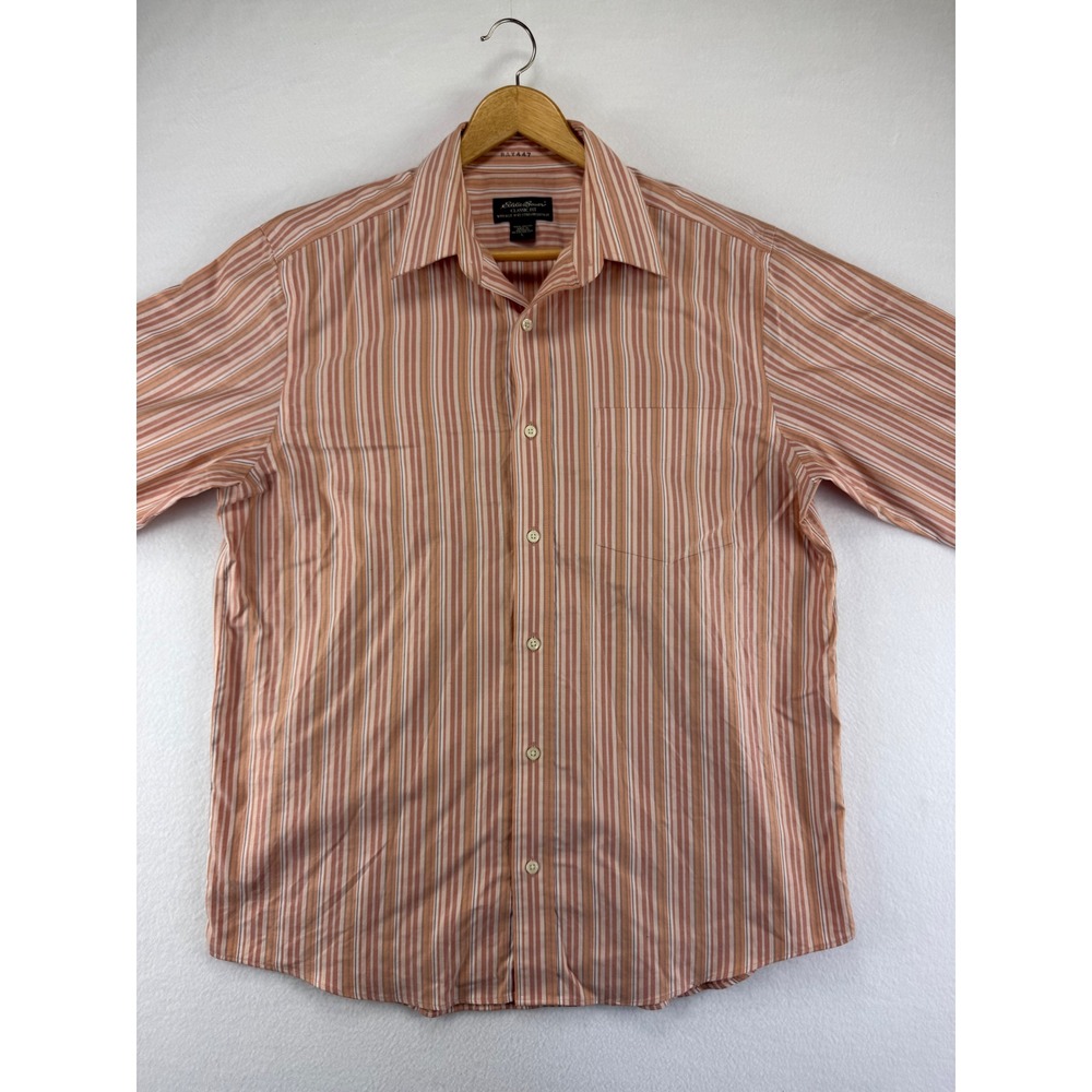 Eddie Bauer Button Down Shirt Mens Large Orange Striped Long Sleeve Cotton‎